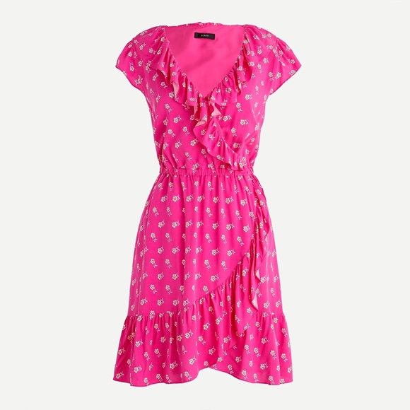 J. Crew Dresses & Skirts - J. Crew V-Neck Ruffle Pink Floral Print Faux Wrap Lenzing Dress Women’s Size 2